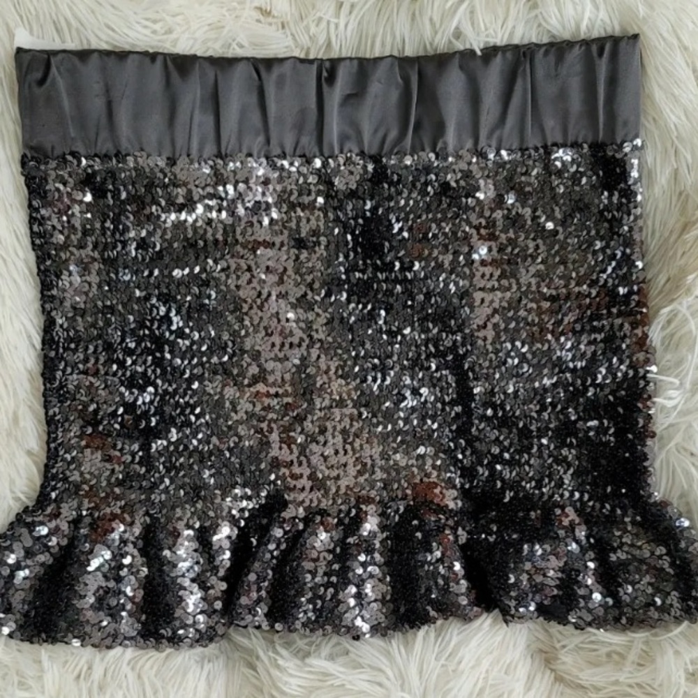 Silver Gunmetal Gray sequin sparkling mini ruffle skirt stretchy sz Large